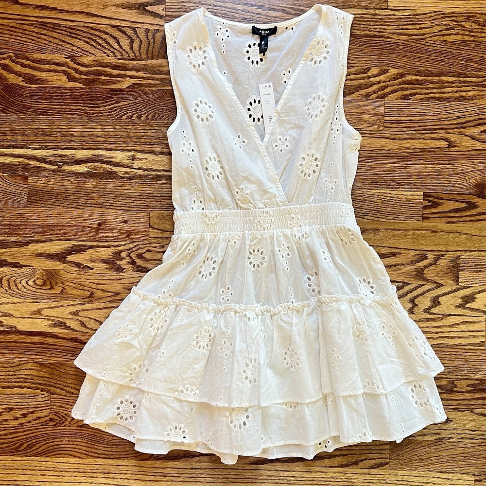 NWT Aqua Swim Women's White Eyelet Tiered Cotton Cover-Up Mini Dress Size S